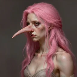 full portrait of a young, ugly woman, rough features, warts, long hook nose, soft hair, muscular, half body, cloth, pink hair, d & d, fantasy, intricate, elegant, highly detailed, digital painting, artstation, concept art, smooth, sharp focus, illustration, art by artgerm and greg rutkowski and alphonse mucha