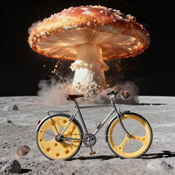 a stainless steel bike, with swiss cheese wheels, there is a rat cycling on the surface of the moon and, drives away from a huge dangerous mushroom, explosion clouds. photorealistic
