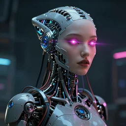 beauty Aliens movie woman, robotic, cyberpunk, neon laser eyes, lots of cables and wiring, electrical details, trending on artstation, by Hajime Sorayama and Boris Vallejo