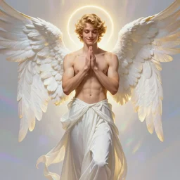 fullbody portrait of a beautiful young fit male angel with curly blond hairs, soft smile, closed eyes, blessing palms, dressed in long fluent skirt, majestic symmetrical wings, luminous halo, by greg rutkowski and alphonse mucha, gradient white to gold, in front of an iridescent background, highly detailed portrait, digital painting, smooth, focus illustration