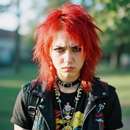 vibrant, color, beautiful portrait of a androgynous person with red hair and punk outfit. annoyed look. in the morning, natural light, sigma 8 5 mm, nikon 5 0 mm f / 1. 8 g, by lee jeffries