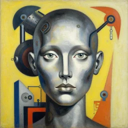 a portrait headshot of sci fi metallic human, bright eyes, melancholic complex geometric figure liminal machinery by oskar schlemmer, moebius, john berkey, film grain, oil on canvas, portrait facial head, featured on artstation, hd wallpaper, 8 k, bright colors, global lighting