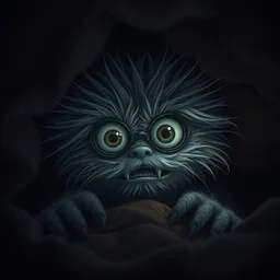 the monster under the bed, furry, big eyes, dark, dramatic lighting, cinematic, highly detailed