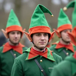 soldiers wearing funny elf helmets,