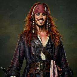 portrait painting of a 3 0 years old rugged masculine muscular male joyful pirate long long hair soft hair flowing hair crimson hair upper body only bare chest long coat elegant rugged handsome unreal render cinematic lighting art 1 9 2 0 period drama by bussiere rutkowski andreas rocha