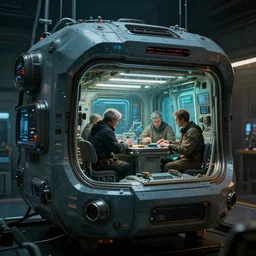 closeup of a highly futuristic technical life support unit of a spacecraft with engineers working, cyberpunk, moody, luminescent, rule of thirds, golden ratio, ambient lighting, syd mead, greg rutkowski, wlop, artgerm, artstation, highly detailed masterpiece