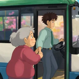 a wholesome animation key shot of a bus driver helping an elderly lady enter the bus, medium shot, waist up, studio Ghibli, Pixar and Disney animation, sharp, Rendered in Unreal Engine 5, anime key art by Greg Rutkowski, Bloom, dramatic lighting