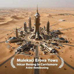 mysterious futuristic high - tech city in the middle of a desert, fantasy, high detail, realistic, top view, wide angle, professional photograph, award winning