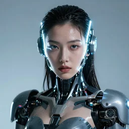 portrait photo of female dancer as a cyberpunk mecha humanoid robotic head shoulder parts with straight bright led lights, wet skin with water dripping down face, ultra - realistic and detailed, 8 k hdr