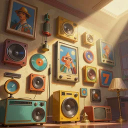 a wall of retro and vintage items, funky groovy 7 0 s, highly detailed digital painting, concept art by yongfei liu, alben tan, vance kocas, octane rendered, low angle, god rays, cg society, unreal engine
