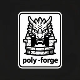 high quality simplified black and white rectangular logo of a medieval stone blacksmith forge shaped like a realistic dragon head with mouth open looking at viewer, for a company called poly - forge, symmetrical!!!, award winning, art deco!!!!!!
