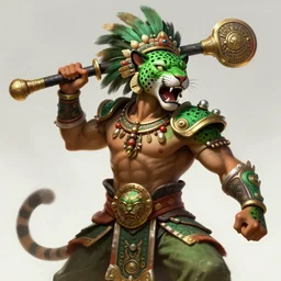 a highly detailed illustration of fierce young aztec jaguar warrior boy wearing green jaguar mane, heroic roaring wielding aztec macuahuitl pose, muscular, intricate, elegant, highly detailed, centered, digital painting, artstation, concept art, smooth, sharp focus, league of legends concept art, wlop