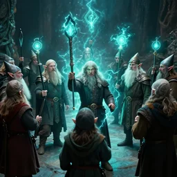 The council of Elves gift the Dwarfs with magical defensive spell protection casting a visible blue green electric aura around the group of Dwarves, the light glinting off their Dwarven armor and weaponry. Cinematic film still. 35mm. Color Graded