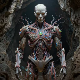 cave man cyborg, wires everywhere. intricate abstract. intricate artwork. by tooth wu, wlop, beeple, dan mumford. trending on artstation, greg rutkowski very coherent symmetrical artwork. cinematic, hyper realism, high detail, octane render, 8 k, iridescent accents
