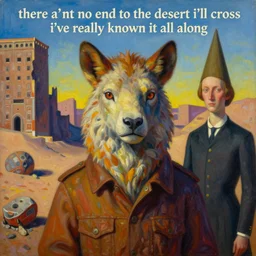 bright dramatic lighting colorful oil painting titled'there aint no end to the desert i'll cross i've really known it all along ', magical realism symbolist, portrait of hybrid animal protagonist in a ruined city, highly detailed, painted by grant wood and rene magritte, shocking detail trending on artstation 8 k