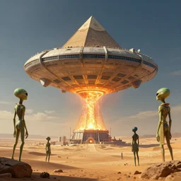 wise aliens and ancient egyptians watch a pyramid - shaped spaceship hovering over a glowing nuclear power plant in a desert, digital art, artstation, trending, 4 k, intricate, ultra hd