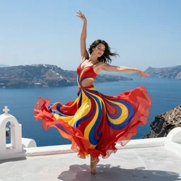 beautiful modern dancer wearing a red and yellow and blue swirling dress, standing on a Santorini terrace looking down at the ocean, artstation, cinematic, unreal 5, DAZ, hyperrealistic, octane render, dynamic lighting