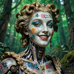 hyperrealistic hyper detailed neo-rococo 35mm portrait of happy baroque cyborg gorgone covered in graffiti matte painting concept art dali hannah yata very dramatic forest green lighting low angle hd 8k sharp shallow depth of field