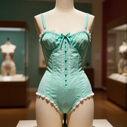 the film still photographed image is a vintage panty girdle from the 1 9 4 0 s. the undergarment is inspired by teal mint cottagecore. it is displayed on a mannequin in a museum exhibit. vibrant cinematography, anamorphic lenses, upscale, hyper realistic photo, crisp, detailed image in 8 k resolution.