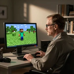 walter white sitting in front of computer while playing minecraft in his room