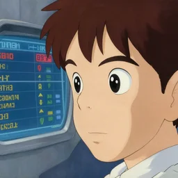 close up of human airplane with big eyes watching a screen with flight information. painting by moebius, miyazaki, roger dean