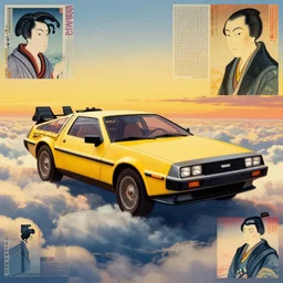 a yellow delorean in the clouds, golden hour, colourful art by salvador dali, hsiao - ron cheng & utagawa kunisada, magazine collage,