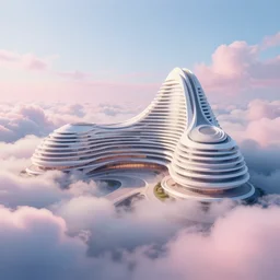 beautiful digital illustration of a contemporary palace in a sea of clouds by Andreas Rocha, curvilinear architecture, fluffy pastel clouds, establishing shot, cinematic, architecture, concept art, deviantArt, artsation, artstation HQ, HD, 16k resolution, smooth, sharp detail, amazing depth, octane, finalRender, Unreal Engine