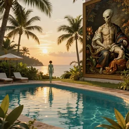 Alien, golden hour, next to a tropical pool, artstation, by J. C. Leyendecker and Peter Paul Rubens, - 12p