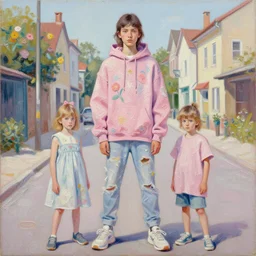 painting by martine johanna of 2 5 yo hunter schafer wearing a hoodie standing in a township street in the style of stefan kostic, street clothing, haute couture! fashion!, full figure painting by nekro borja, tara mcpherson, david choe, decorative flowers, detailed painterly impasto brushwork, pastel color palette, die antwoord