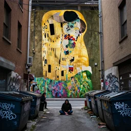looking down a claustrophobic urban alley with dumpsters graffiti and power lines in east vancouver, homeless, artstation, smooth, sharp focus, art by gustav klimt - alphonse mucha - adolphe bouguereau, brutalism, hi res, unreal engine, 8 k, ultra - realistic, gritty, 1 0 0 mm, volumetric lighting, golden ratio, intricate detailed, jaw dropping, gorgeous, surreal, octane render