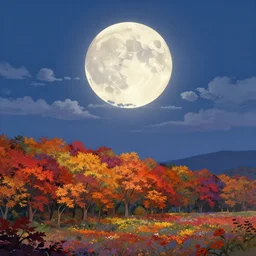 landscape, autumn, huge moon, full of colorful flower and tree, beautiful cloud, quiet, no people, anime background,, illustration, sharp focus, intricate, smooth, super wide angle, trending on artstation, trending on deviantart