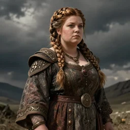 female dwarven noblewoman, chubby short stature, braided intricate hair, by franklin booth