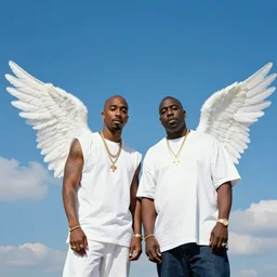 tupac and biggie wearing angel wings, blue sky with clouds digital art