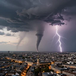 photo of bordeaux seen from the sky at dawn with many tornadoes flying over the city and lightning in the sky