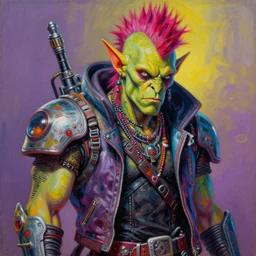 a portrait of a scifi post apocalyptic orc punk rocker by michael whelan, vibrant colors, futuristic punk rock fashion, oil painting by michael whelan art, sharp focus, realistic, highly detailed, 8 k, intricate linework