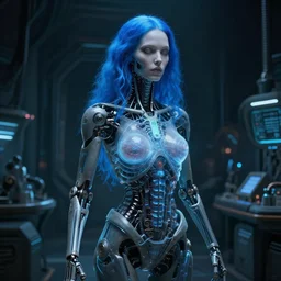 in the style of h. r. giger, steve niles : : biomechanical pale woman hologram, blue hair : : dark futuristic lab