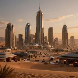 a futuristic city in the desert at dusk, dieselpunk, ultra detailed, cinematic shot, photorealistic, octane render, high definition, fine details, 8 k