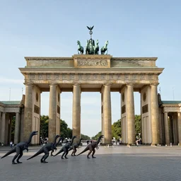 a flock of pteranodons attacking the brandenburg gate on a summer afternoon