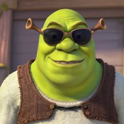 Shrek wearing sunglasses and chuckling