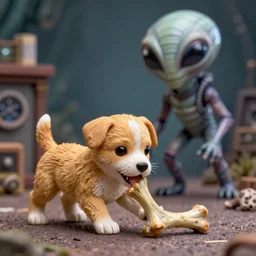 puppy bringing back the bone of a weird huge alien realistic hdr 3 5 mm