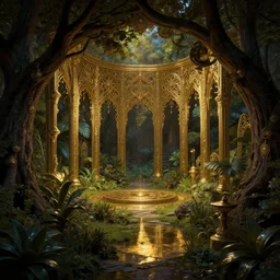 a garden at night nestled in the hollow of a tree, studio lighting, golden ratio, details, scifi, dark fantasy, intricate, decadent, ornate, highly detailed, digital painting, octane render, ray tracing reflections, 8 k, artstation, concept art, smooth, sharp focus, illustration, art by artgerm, loish, by wlop