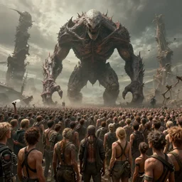 fractal of the crowd of people of last survivors on earth witness the end of the world, big titan creature apocalypse scene, by giger and vladimir kush, au naturel, hyper detailed, digital art, trending in artstation, cinematic lighting, studio quality, smooth render, octane rendered...