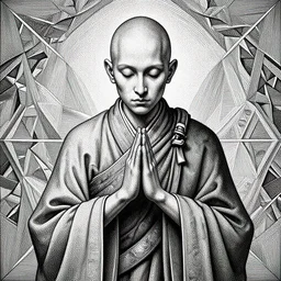 Geometrically surreal monk, extremely high detail, photorealistic, intricate line drawings, dotart, album art in the style of James Jean