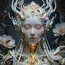 very beautiful woman integrating with technology, full face frontal centered, portrait, insipiring, detailed intricate ornate neon pulsating cables connected to head, porcelain luxurious detailed abundent wiring and implants, gold optical fiber, renaissance, sci - fi, detailed technology background with cyber flowers and insects, dramatic lighting, photography, highly detailed, artstation, 8 k,