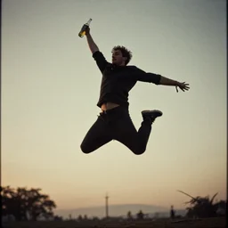 man jumping while holding a bottle by album cover, UHD, 4K, 8K