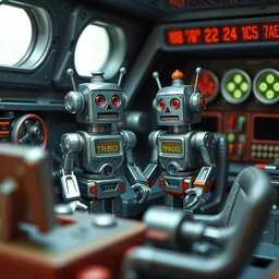 closeup digital color photo of two 1 9 4 0 s - style tin - toy robots, inside a small diorama of a spaceship control room