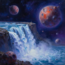 !! waterfall !! in asteroid field, purplish blueish space with stars in background, ultra detailed, high quality, very sharp, artstation award winner, oil painting, digital painting, 8k, vibrant, ultra detailed water