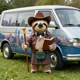 A DSLR photo of a shiny VW van that has a cityscape painted on it. A smiling sloth stands on grass in front of the van and is wearing a leather jacket, a cowboy hat, a kilt and a bowtie. The sloth is holding a quarterstaff and a big book.