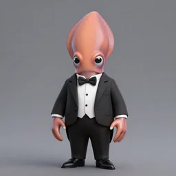 color photograph of an anthropomorphic squid wearing a tuxedo