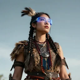 bust portrait of female iroquois warrior with cyberpunk glasses, fashion editorial photography, waist up, low angle
